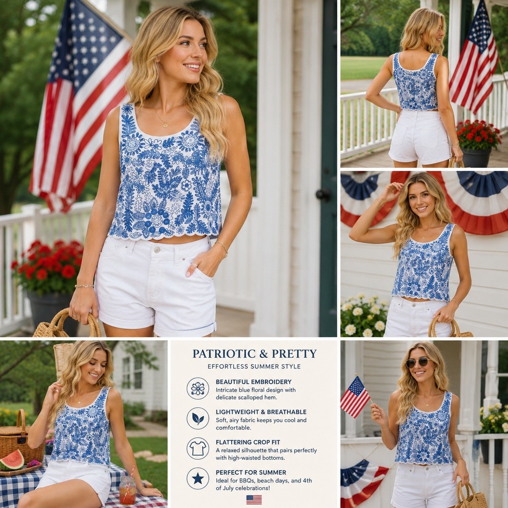 Moulinette Soeurs Anthropologie Blue White Embroidered Sequin Scallop Tank Top 6